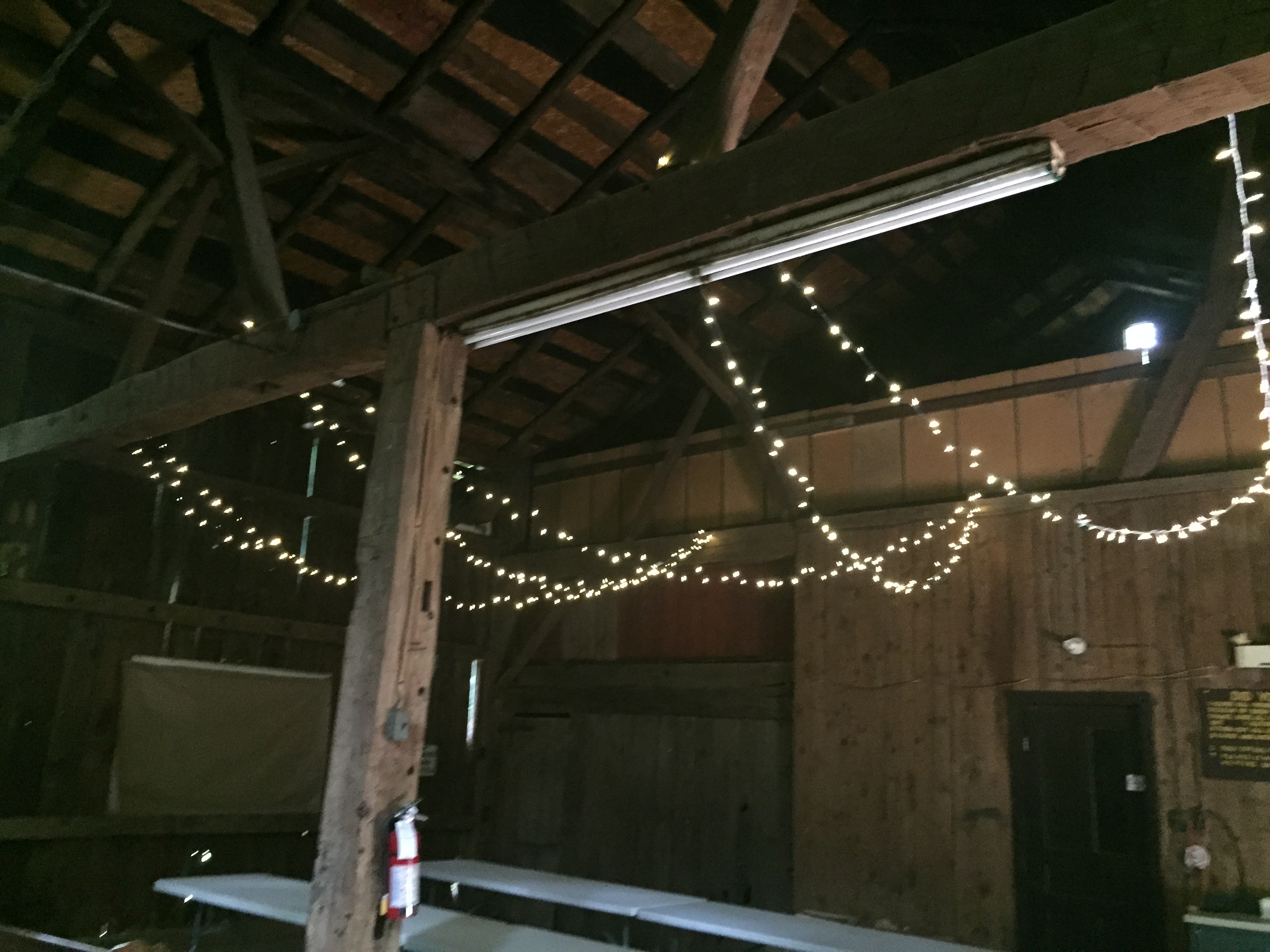 interior of barn pavilion with twinky lights