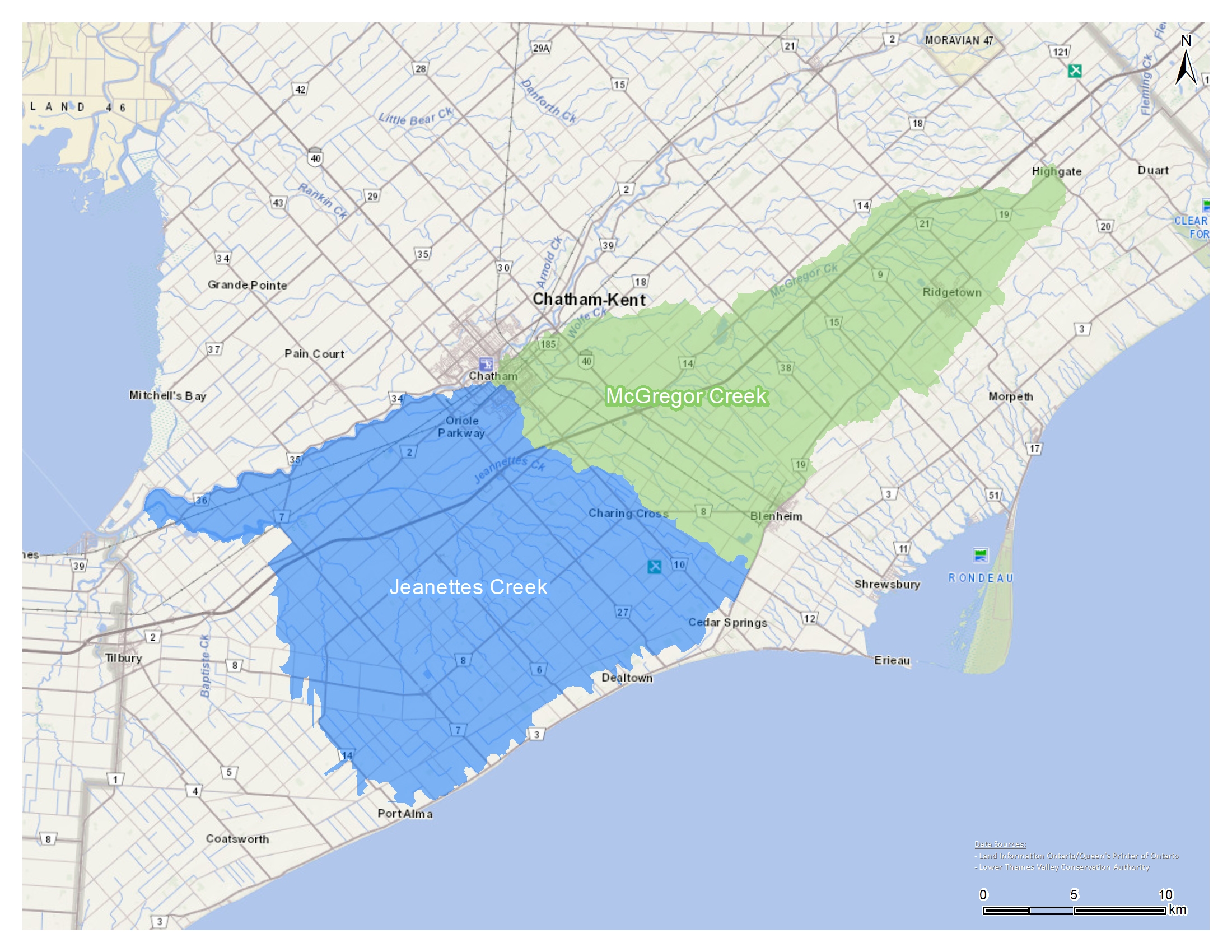 Map of Jeanettes  Creek McGregor Creek watersheds